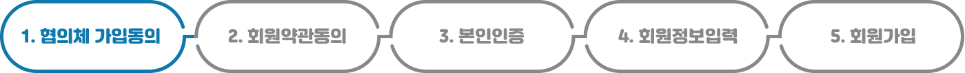 1. 협의체 가입동의(현재단계) > 2. 회원약관동의 > 3. 본인인증 > 4. 회원정보입력 > 5. 회원가입